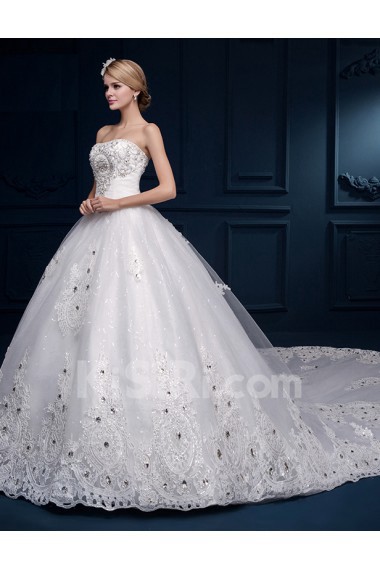 Tulle, Lace Strapless Cathedral Train Sleeveless Ball Gown Dress with Beads, Rhinestone