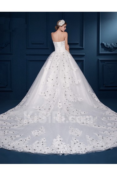 Tulle, Lace Strapless Cathedral Train Sleeveless Ball Gown Dress with Beads, Rhinestone