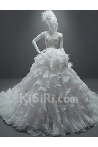 Lace, Organza Scoop Cathedral Train Sleeveless Ball Gown Dress with Rhinestone