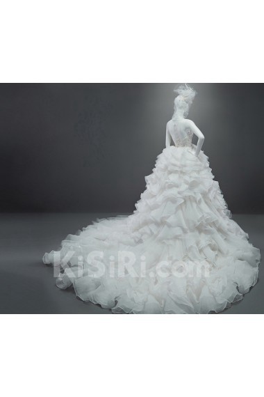 Lace, Organza Scoop Cathedral Train Sleeveless Ball Gown Dress with Rhinestone