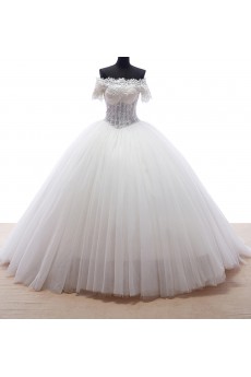 Lace, Tulle, Satin Off-the-Shoulder Chapel Train Short Sleeve Ball Gown Dress with Beads