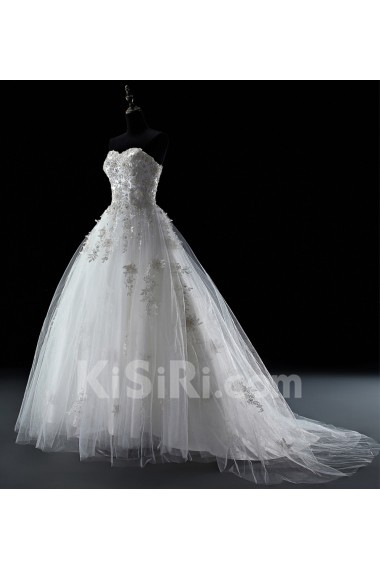 Lace, Tulle Sweetheart Sweep Train Sleeveless Ball Gown Dress with Pearl, Applique