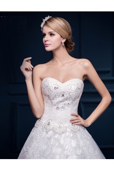 Tulle, Lace Sweetheart Cathedral Train Sleeveless A-line Dress with Beads, Handmade Flowers