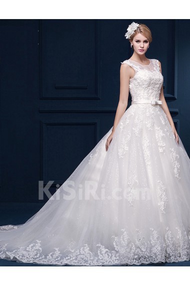 Tulle, Lace Jewel Sweep Train Cap Sleeve Ball Gown Dress with Applique, Sequins, Bow