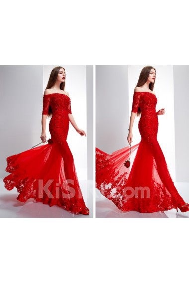 Lace, Tulle Off-the-Shoulder Floor Length Half Sleeve Mermaid Dress with Bead, Rhinestone