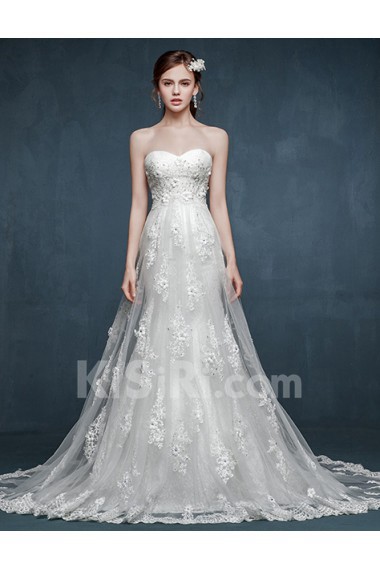 Tulle, Lace, Satin Sweetheart Cathedral Train Sleeveless A-line Dress with Rhinestone