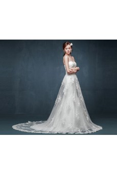 Tulle, Lace, Satin Sweetheart Cathedral Train Sleeveless A-line Dress with Rhinestone