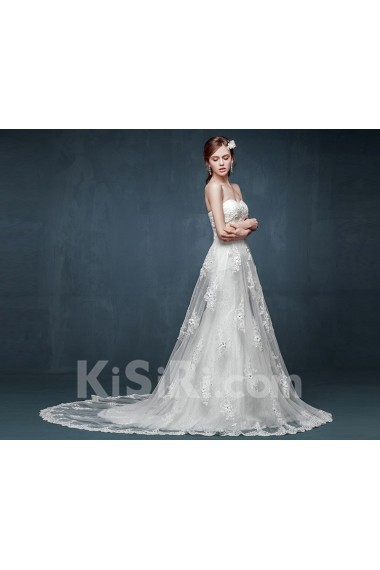 Tulle, Lace, Satin Sweetheart Cathedral Train Sleeveless A-line Dress with Rhinestone