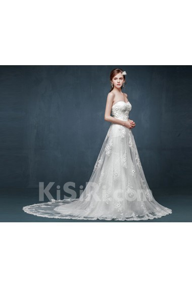 Tulle, Lace, Satin Sweetheart Cathedral Train Sleeveless A-line Dress with Rhinestone