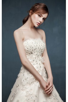 Tulle, Satin Strapless Cathedral Train Sleeveless A-line Dress with Handmade Flowers, Rhinestone