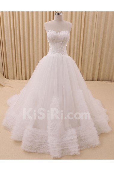 Tulle, Satin Sweetheart Chapel Train Sleeveless Ball Gown Dress with Feather