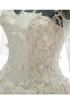 Lace, Tulle, Satin Jewel Cathedral Train Half Sleeve A-line Dress with Bead