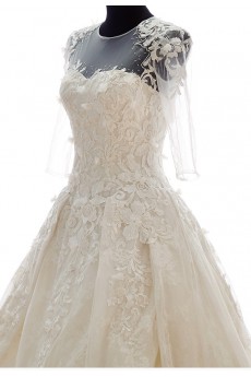 Lace, Tulle, Satin Jewel Cathedral Train Half Sleeve A-line Dress with Bead