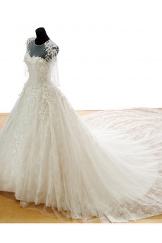 Lace, Tulle, Satin Jewel Cathedral Train Half Sleeve A-line Dress with Bead