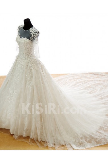 Lace, Tulle, Satin Jewel Cathedral Train Half Sleeve A-line Dress with Bead