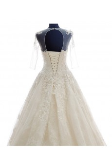 Lace, Tulle, Satin Jewel Cathedral Train Half Sleeve A-line Dress with Bead