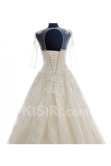 Lace, Tulle, Satin Jewel Cathedral Train Half Sleeve A-line Dress with Bead