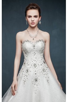 Tulle, Lace, Satin Sweetheart Cathedral Train Sleeveless A-line Dress with Rhinestone