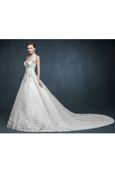 Tulle, Lace, Satin Sweetheart Cathedral Train Sleeveless A-line Dress with Rhinestone