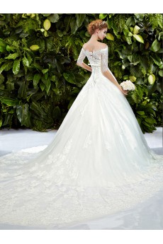 Lace, Tulle Off-the-Shoulder Cathedral Train Half Sleeve Ball Gown Dress with 