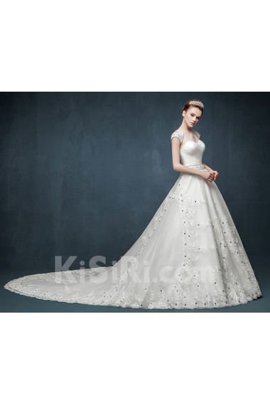 Tulle, Lace, Satin Jewel Cathedral Train Cap Sleeve Ball Gown Dress with Rhinestone, Sash