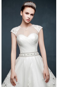 Tulle, Lace, Satin Jewel Cathedral Train Cap Sleeve Ball Gown Dress with Rhinestone, Sash