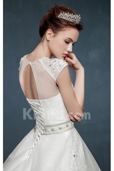 Tulle, Lace, Satin Jewel Cathedral Train Cap Sleeve Ball Gown Dress with Rhinestone, Sash