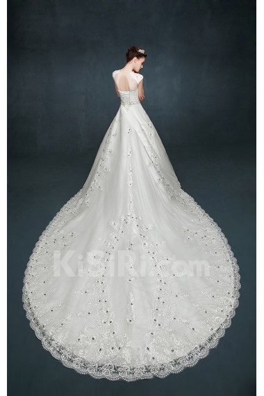 Tulle, Lace, Satin Jewel Cathedral Train Cap Sleeve Ball Gown Dress with Rhinestone, Sash