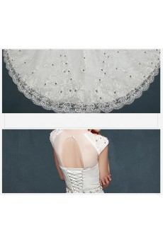 Tulle, Lace, Satin Jewel Cathedral Train Cap Sleeve Ball Gown Dress with Rhinestone, Sash