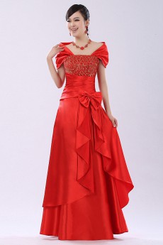 Satin Floor Length Off-the-Shoulder A-line Dress with Bow