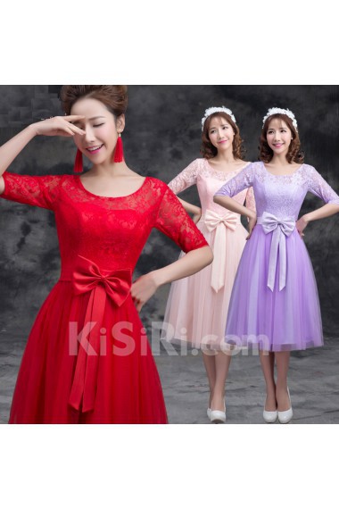 Tulle, Satin, Lace Tea-length Jewel Half Sleeve A-line Dress with Bow