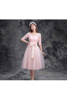 Tulle, Satin, Lace Tea-length Jewel Half Sleeve A-line Dress with Bow