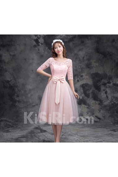 Tulle, Satin, Lace Tea-length Jewel Half Sleeve A-line Dress with Bow