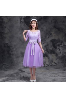 Tulle, Satin, Lace Tea-length Jewel Half Sleeve A-line Dress with Bow