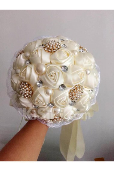 Hot Ivory Satin Wedding Bridal Bouquet with Purple Diamond And Pearl