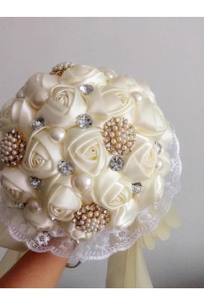 Hot Ivory Satin Wedding Bridal Bouquet with Purple Diamond And Pearl