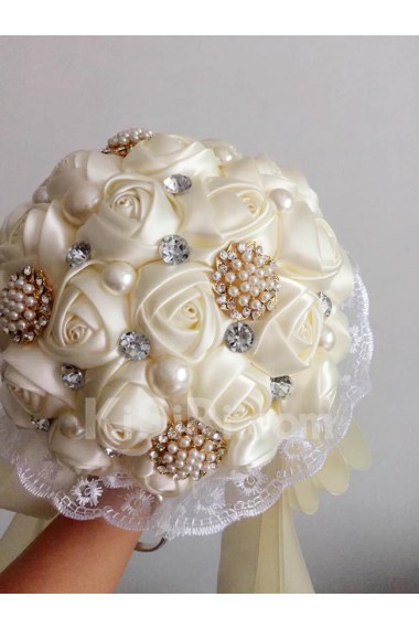 Hot Ivory Satin Wedding Bridal Bouquet with Purple Diamond And Pearl