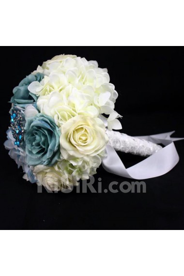 Elegant Round Shape Ivory And Blue Wedding Bouquet with Simulation Roses