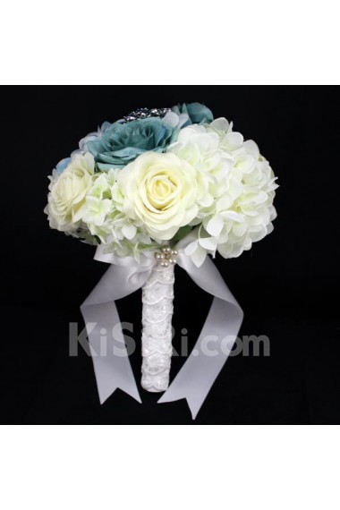 Elegant Round Shape Ivory And Blue Wedding Bouquet with Simulation Roses