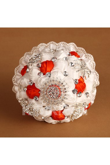 Satin with Pearl Round Shape White And Red Wedding Bridal Bouquet