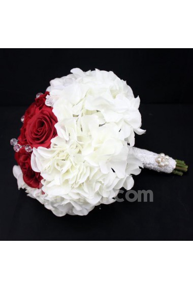 Ivory Satin Rose Wedding Bridal Bouquet with Rhinestone And Ribbon