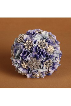 Violet Satin Rose Wedding Bridal Bouquet with Rhinestone And Ribbon