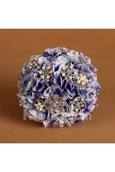 Violet Satin Rose Wedding Bridal Bouquet with Rhinestone And Ribbon