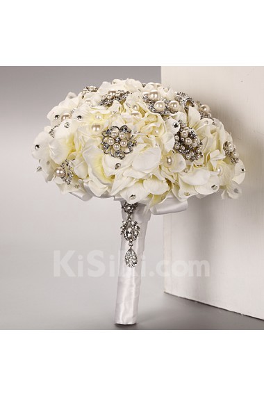 Ivory Satin Rose Wedding Bridal Bouquet with Rhinestone And Ribbon