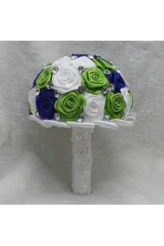 Satin with Pearl Round Shape White And Green And RoyalBlue Wedding Bridal Bouquet