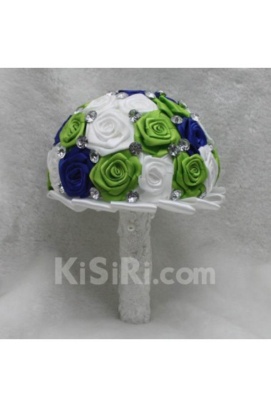 Satin with Pearl Round Shape White And Green And RoyalBlue Wedding Bridal Bouquet