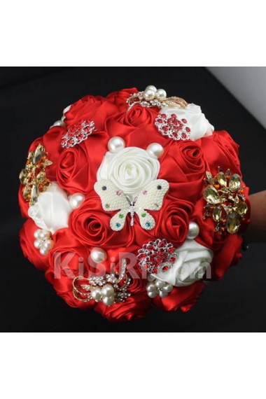 Red & White Silk Rose Wedding Bridal Bouquet