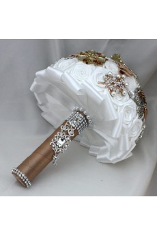 Elegant Round Shape White And Brown Silk Wedding Bouquet