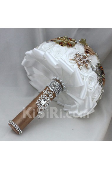 Elegant Round Shape White And Brown Silk Wedding Bouquet