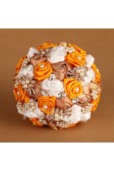 Orange Silk Roses with Pearl Wedding Bridal Bouquet